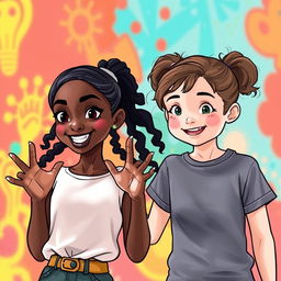 A dynamic and vibrant scene featuring two girls in a harmonious setting