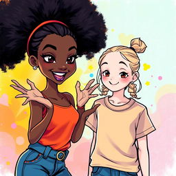 A dynamic and vibrant scene featuring two girls in a harmonious setting