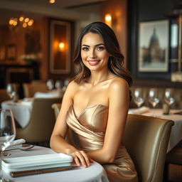 A striking portrait of an attractive woman with a size 2 bust, seated elegantly at a polished restaurant table