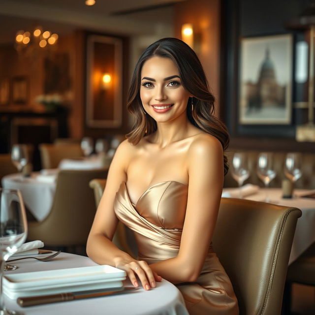 A striking portrait of an attractive woman with a size 2 bust, seated elegantly at a polished restaurant table