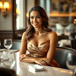 A striking portrait of an attractive woman with a size 2 bust, seated elegantly at a polished restaurant table