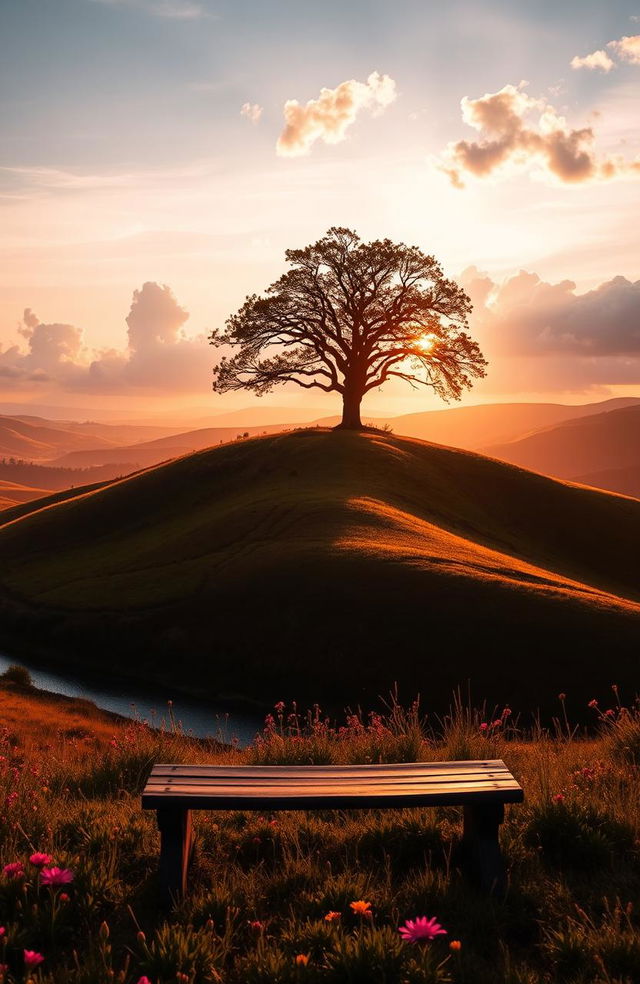 A serene landscape at sunrise, featuring rolling hills bathed in golden light, a gentle river meandering through the scene, and blooming wildflowers in vibrant colors