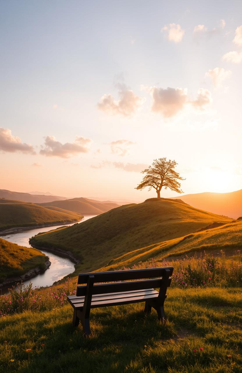 A serene landscape at sunrise, featuring rolling hills bathed in golden light, a gentle river meandering through the scene, and blooming wildflowers in vibrant colors