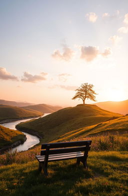 A serene landscape at sunrise, featuring rolling hills bathed in golden light, a gentle river meandering through the scene, and blooming wildflowers in vibrant colors