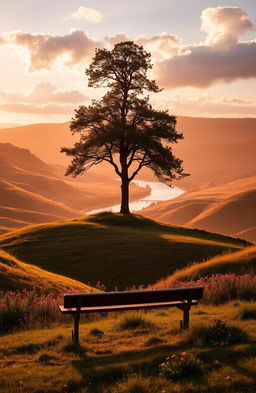 A serene landscape at sunrise, featuring rolling hills bathed in golden light, a gentle river meandering through the scene, and blooming wildflowers in vibrant colors