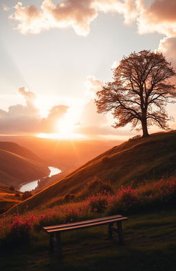 A serene landscape at sunrise, featuring rolling hills bathed in golden light, a gentle river meandering through the scene, and blooming wildflowers in vibrant colors