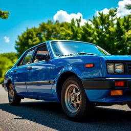 A striking 1988 Nissan March sedan in a vibrant blue color, showcasing its classic design with smooth curves and distinct lines