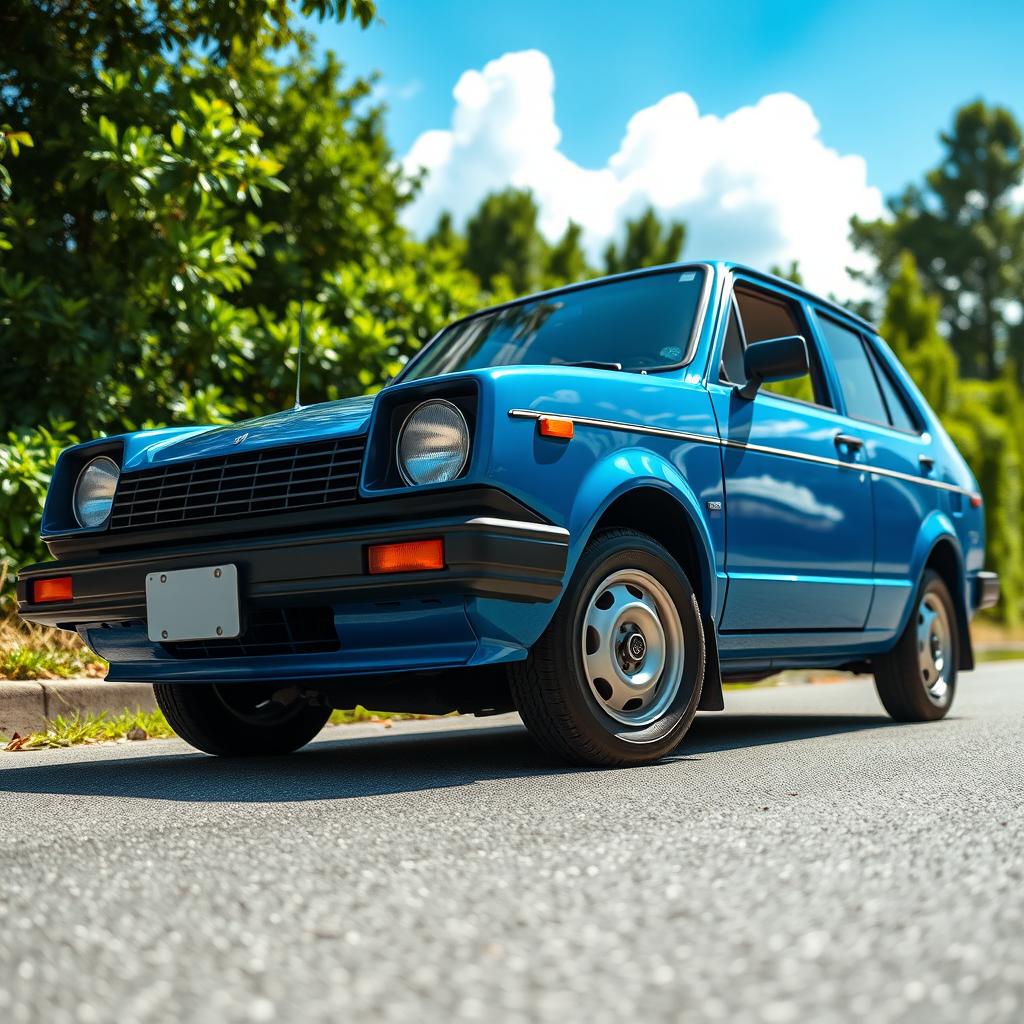 A striking 1988 Nissan March sedan in a vibrant blue color, showcasing its classic design with smooth curves and distinct lines