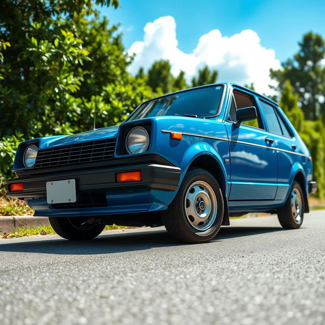 A striking 1988 Nissan March sedan in a vibrant blue color, showcasing its classic design with smooth curves and distinct lines
