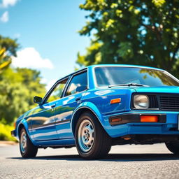A striking 1988 Nissan March sedan in a vibrant blue color, showcasing its classic design with smooth curves and distinct lines