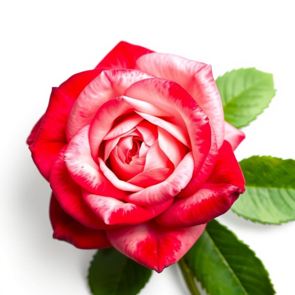 A beautifully detailed top-down view of a vibrant rose with its intricate petals fully open, showcasing a rich blend of colors such as deep reds and soft pinks
