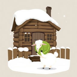 In a whimsical winter setting, a charming wooden cabin is surrounded by fresh white snow