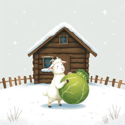 In a whimsical winter setting, a charming wooden cabin is surrounded by fresh white snow