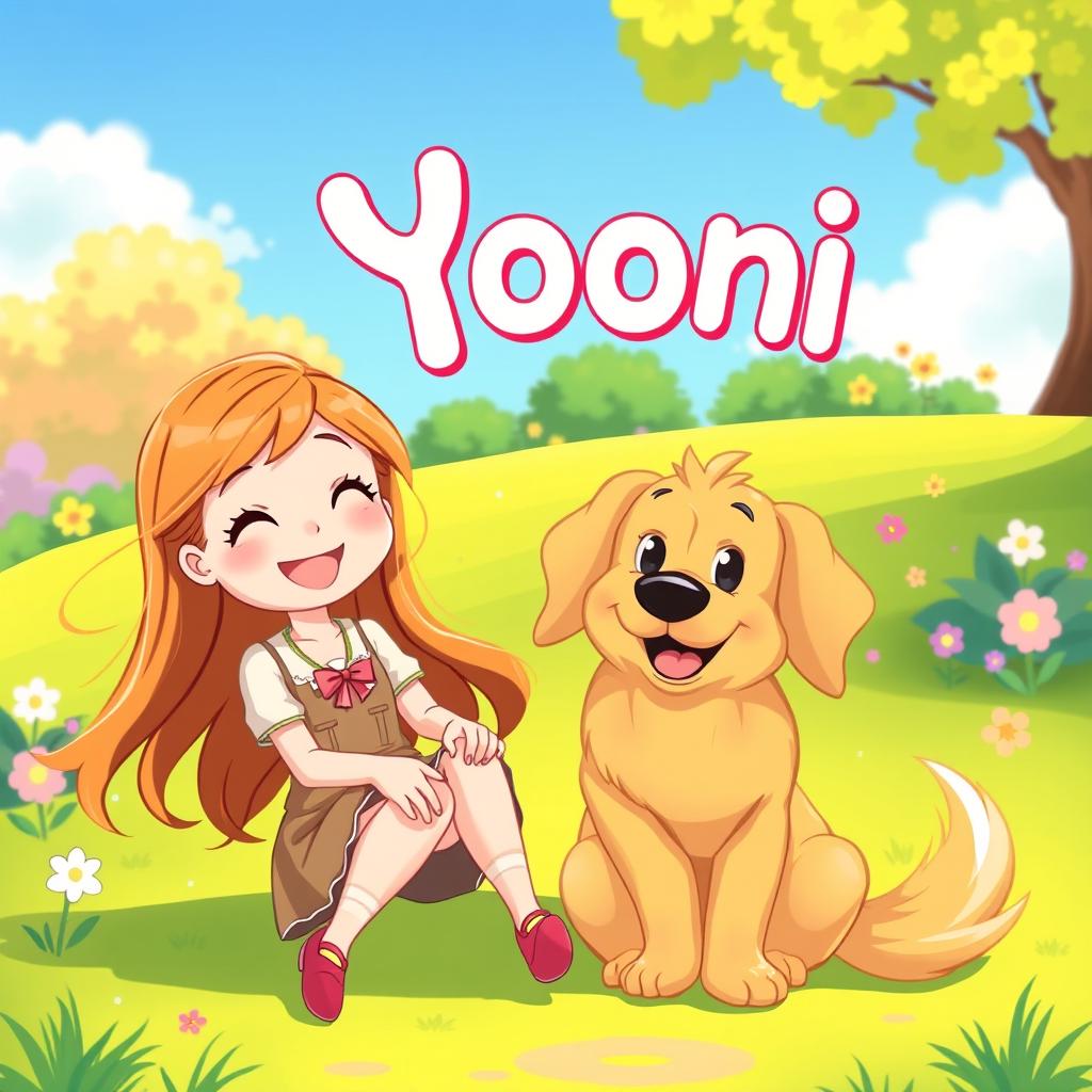 A whimsical and colorful animated scene featuring a girl happily sitting next to an adorable dog