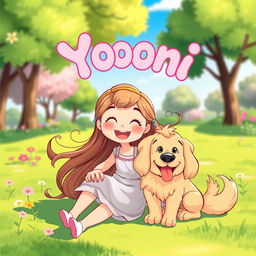 A whimsical and colorful animated scene featuring a girl happily sitting next to an adorable dog