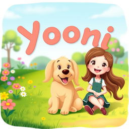 A whimsical and colorful animated scene featuring a girl happily sitting next to an adorable dog
