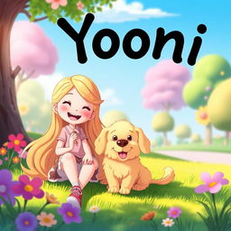 A whimsical and colorful animated scene featuring a girl happily sitting next to an adorable dog