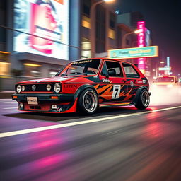 A classic 1980 Golf GTI, customized with an aggressive racing aesthetic reminiscent of the iconic 'Need for Speed' video game series