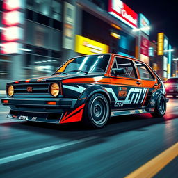 A classic 1980 Golf GTI, customized with an aggressive racing aesthetic reminiscent of the iconic 'Need for Speed' video game series