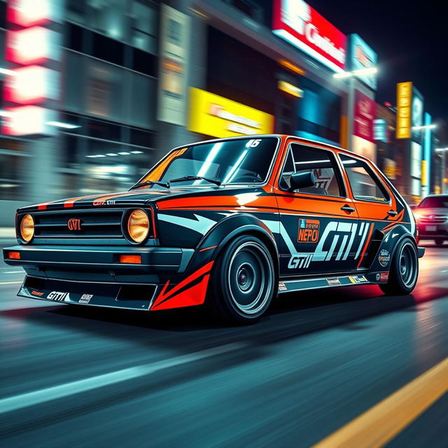 A classic 1980 Golf GTI, customized with an aggressive racing aesthetic reminiscent of the iconic 'Need for Speed' video game series