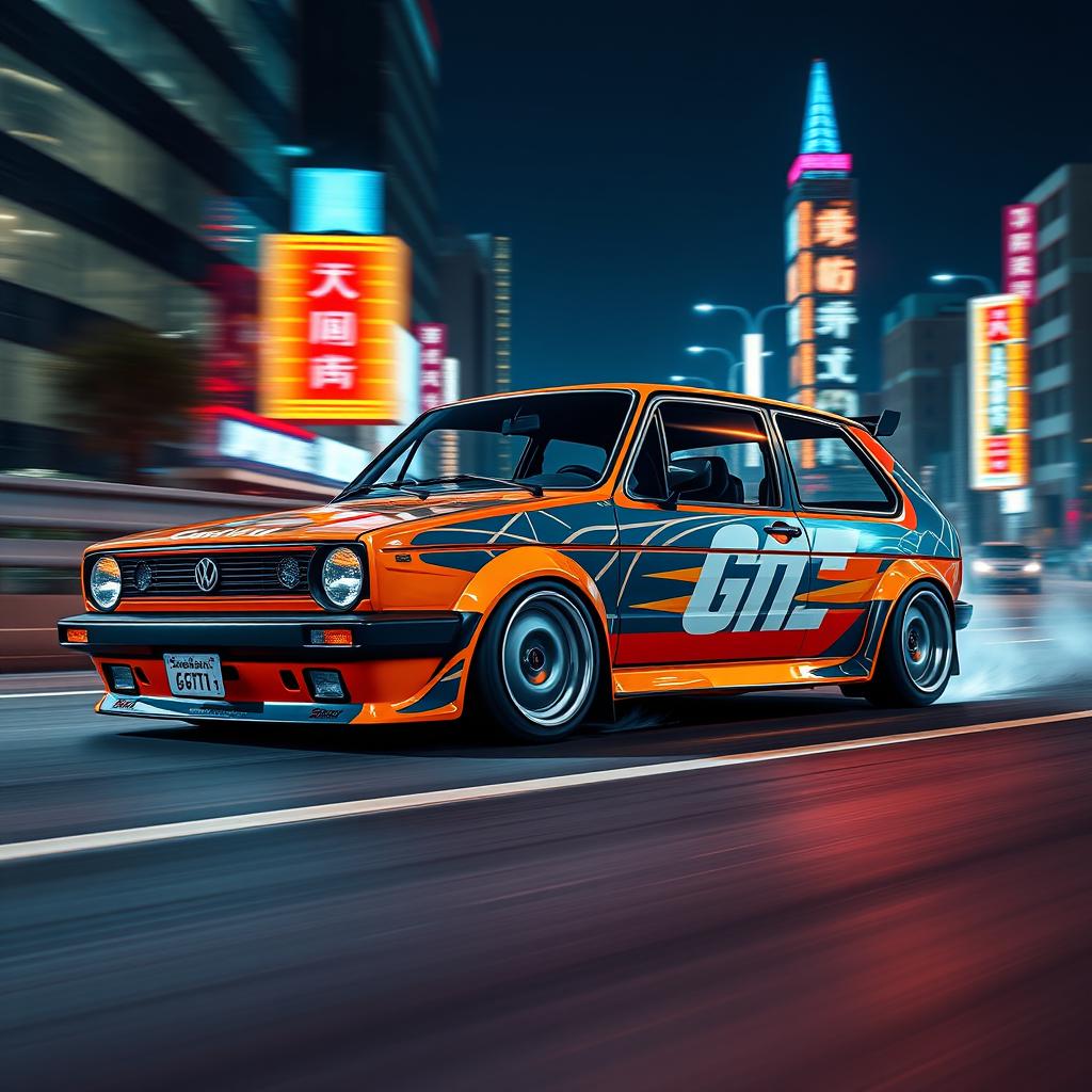 A classic 1980 Golf GTI, customized with an aggressive racing aesthetic reminiscent of the iconic 'Need for Speed' video game series