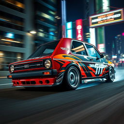 A classic 1980 Golf GTI, customized with an aggressive racing aesthetic reminiscent of the iconic 'Need for Speed' video game series