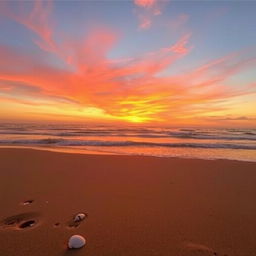 A serene beach landscape at sunset, with golden sand and gentle waves lapping at the shore