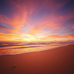 A serene beach landscape at sunset, with golden sand and gentle waves lapping at the shore