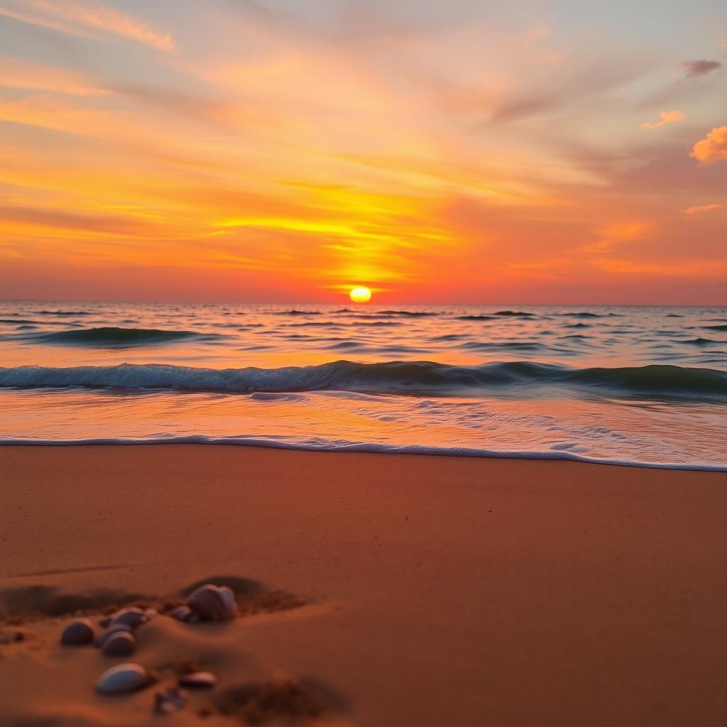 A serene beach landscape at sunset, with golden sand and gentle waves lapping at the shore