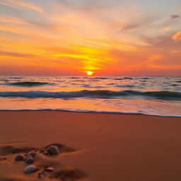 A serene beach landscape at sunset, with golden sand and gentle waves lapping at the shore