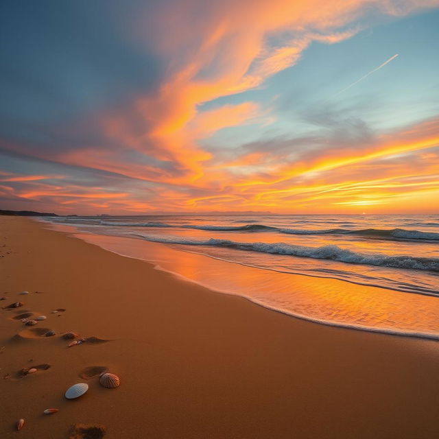 A serene beach landscape at sunset, with golden sand and gentle waves lapping at the shore