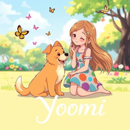 A charming animated scene featuring a girl with long, flowing hair, wearing a colorful summer dress