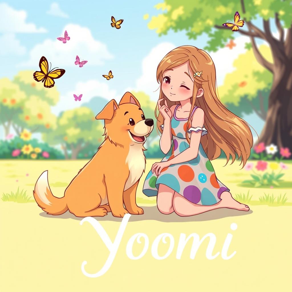 A charming animated scene featuring a girl with long, flowing hair, wearing a colorful summer dress