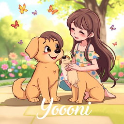 A charming animated scene featuring a girl with long, flowing hair, wearing a colorful summer dress