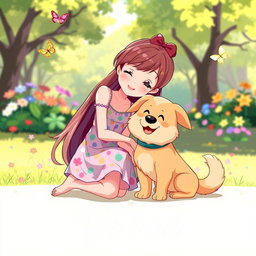 A charming animated scene featuring a girl with long, flowing hair, wearing a colorful summer dress