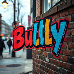 An artistic interpretation of the word 'Bully' prominently displayed in bold graffiti-style lettering on a brick wall