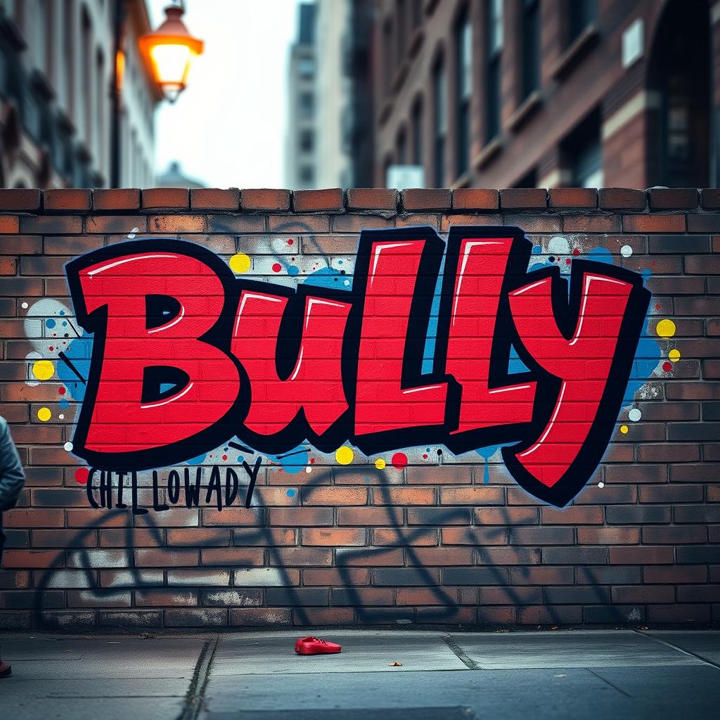 An artistic interpretation of the word 'Bully' prominently displayed in bold graffiti-style lettering on a brick wall
