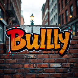 An artistic interpretation of the word 'Bully' prominently displayed in bold graffiti-style lettering on a brick wall