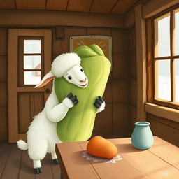 Inside a cozy wooden cabin during winter, the scene is warm and inviting without any snow outside