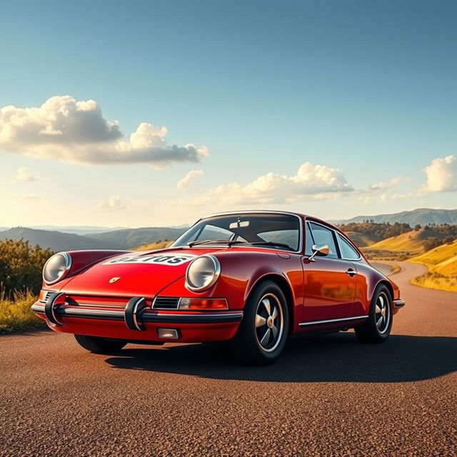 A highly realistic depiction of a Porsche 911 parked on a scenic road resembling a revolution-era landscape