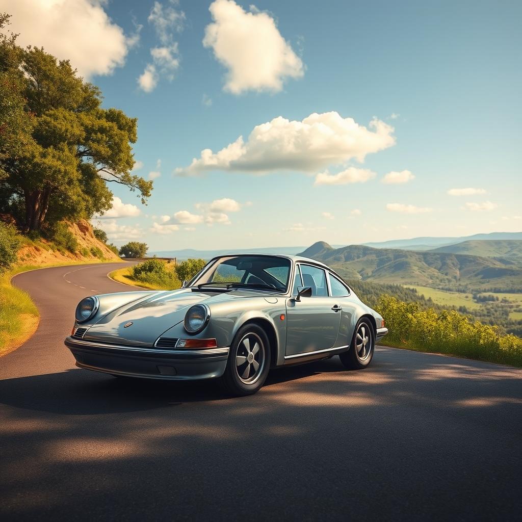 A highly realistic depiction of a Porsche 911 parked on a scenic road resembling a revolution-era landscape