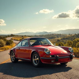 A highly realistic depiction of a Porsche 911 parked on a scenic road resembling a revolution-era landscape
