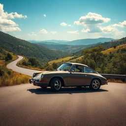 A highly realistic depiction of a Porsche 911 parked on a scenic road resembling a revolution-era landscape