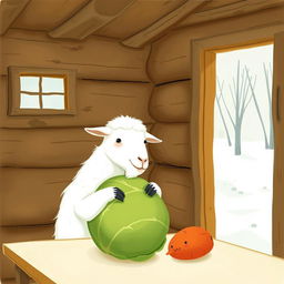 Inside a cozy wooden cabin during winter, the atmosphere is warm and inviting with no snow outside