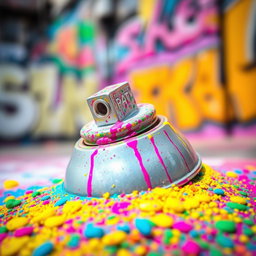 A close-up of a colorful spray paint cap surrounded by splatters of vibrant paint, showcasing a variety of hues like neon pink, electric blue, bright yellow, and vivid green