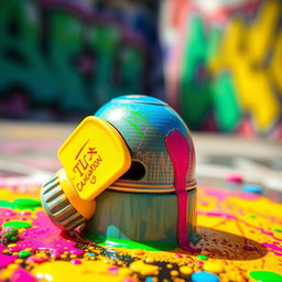 A close-up of a colorful spray paint cap surrounded by splatters of vibrant paint, showcasing a variety of hues like neon pink, electric blue, bright yellow, and vivid green