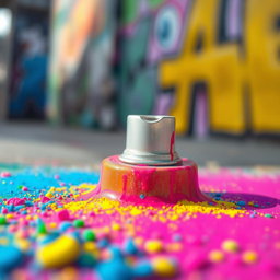 A close-up of a colorful spray paint cap surrounded by splatters of vibrant paint, showcasing a variety of hues like neon pink, electric blue, bright yellow, and vivid green