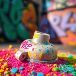 A close-up of a colorful spray paint cap surrounded by splatters of vibrant paint, showcasing a variety of hues like neon pink, electric blue, bright yellow, and vivid green