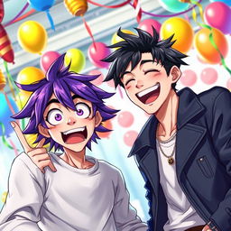 A highly detailed and artistic representation of two male characters in a playful and humorous setting, capturing a moment of exaggerated surprise and comic expression