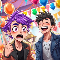 A highly detailed and artistic representation of two male characters in a playful and humorous setting, capturing a moment of exaggerated surprise and comic expression